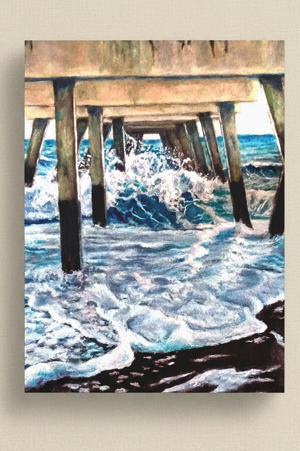 Canvas Art Print of waves crashing under a pier on a beach.