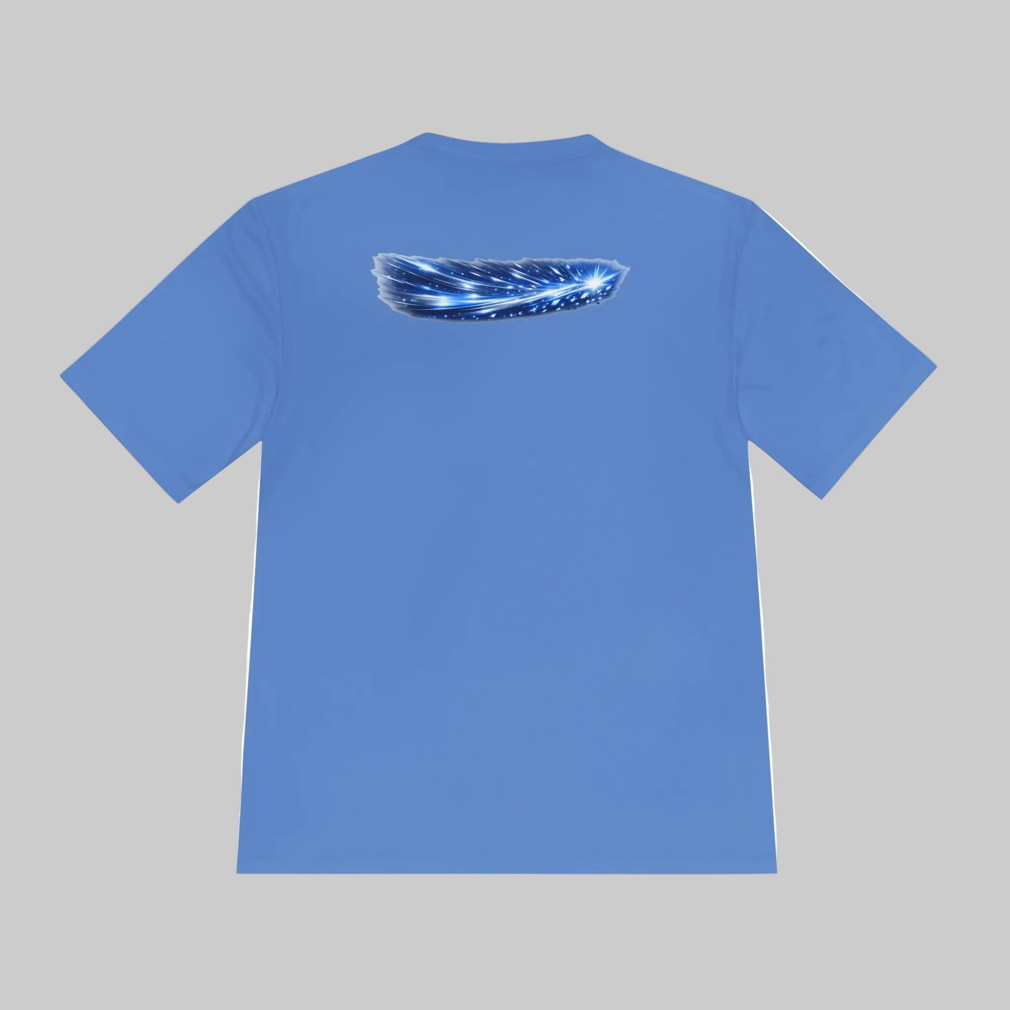 Blue t-shirt with an explosive graphic design on the back 
