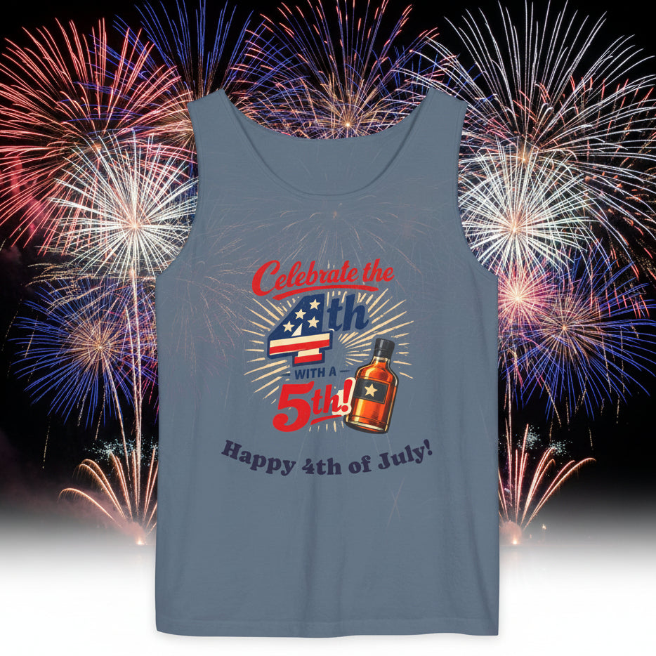 Blue tank top with 4th of July design featuring an American flag and bottle graphic 