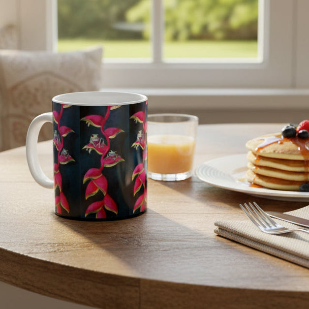 11oz and 15oz ceramic glossy mug with painted tropical frogs with red eyes on heliconia flowers