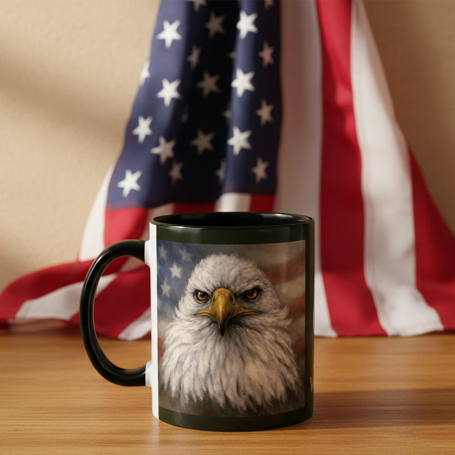 Mug with an eagle design and flag painting with black accents