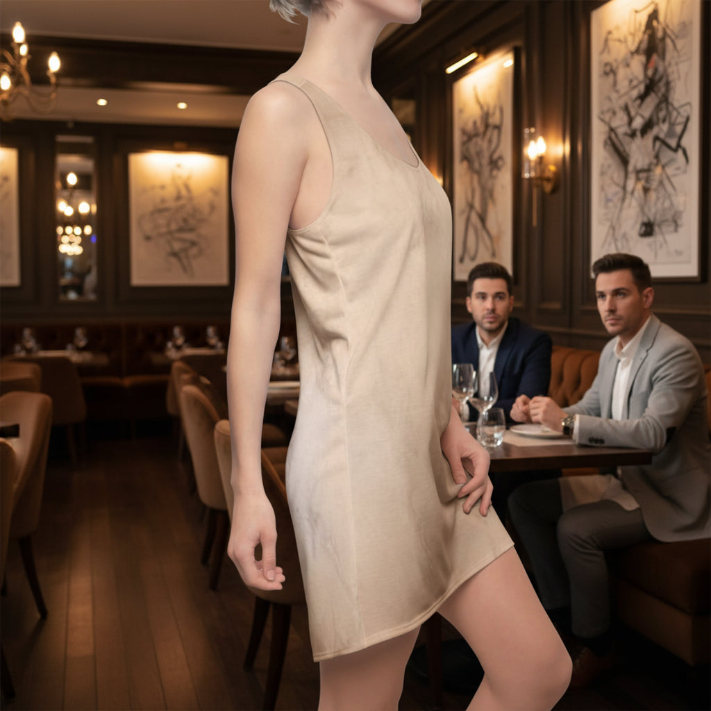 Sexy racer back dress with muted abstract design will always get noticed as it flatters your figure - no clinging or bunching