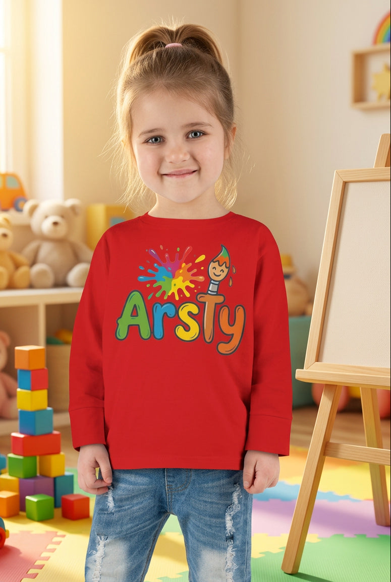 Children's bright red long-sleeve T shirt with a colorful 'Arsty' paint splatter graphic