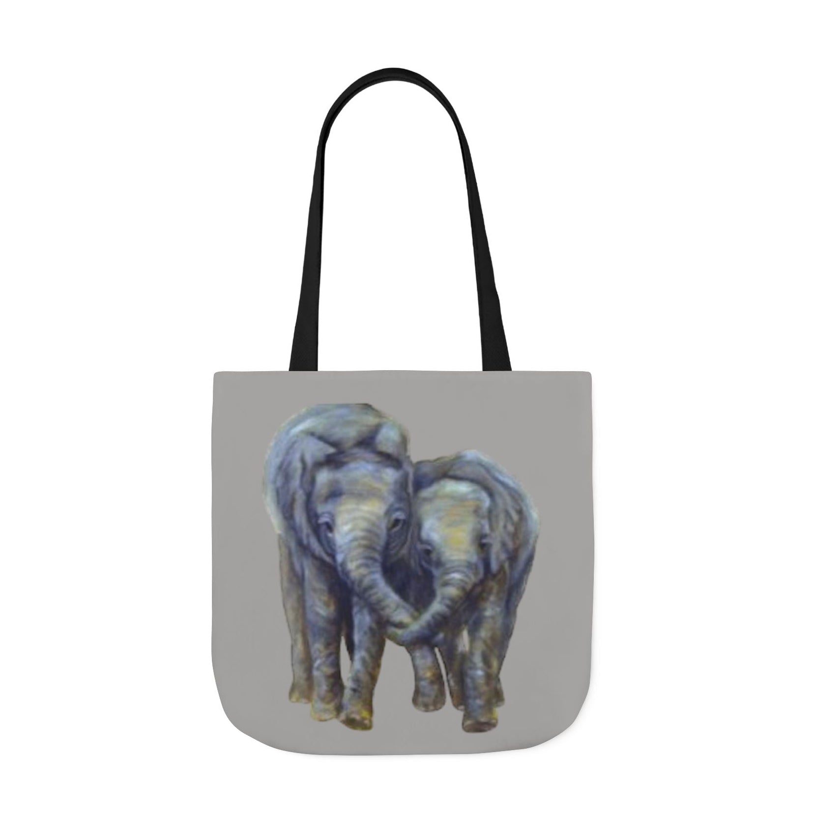 A gray tote bag with black shoulder straps, featuring a printed illustration of two adorable elephants on the front and back 