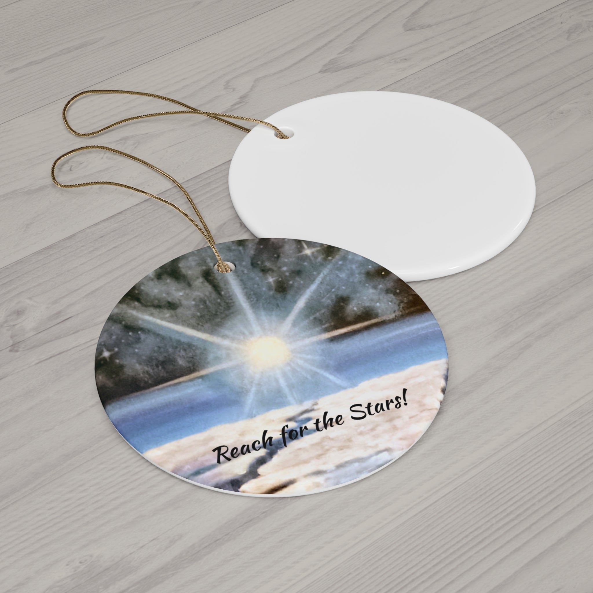 Circular ornament with starry night design and 'Reach for the Stars!' text 