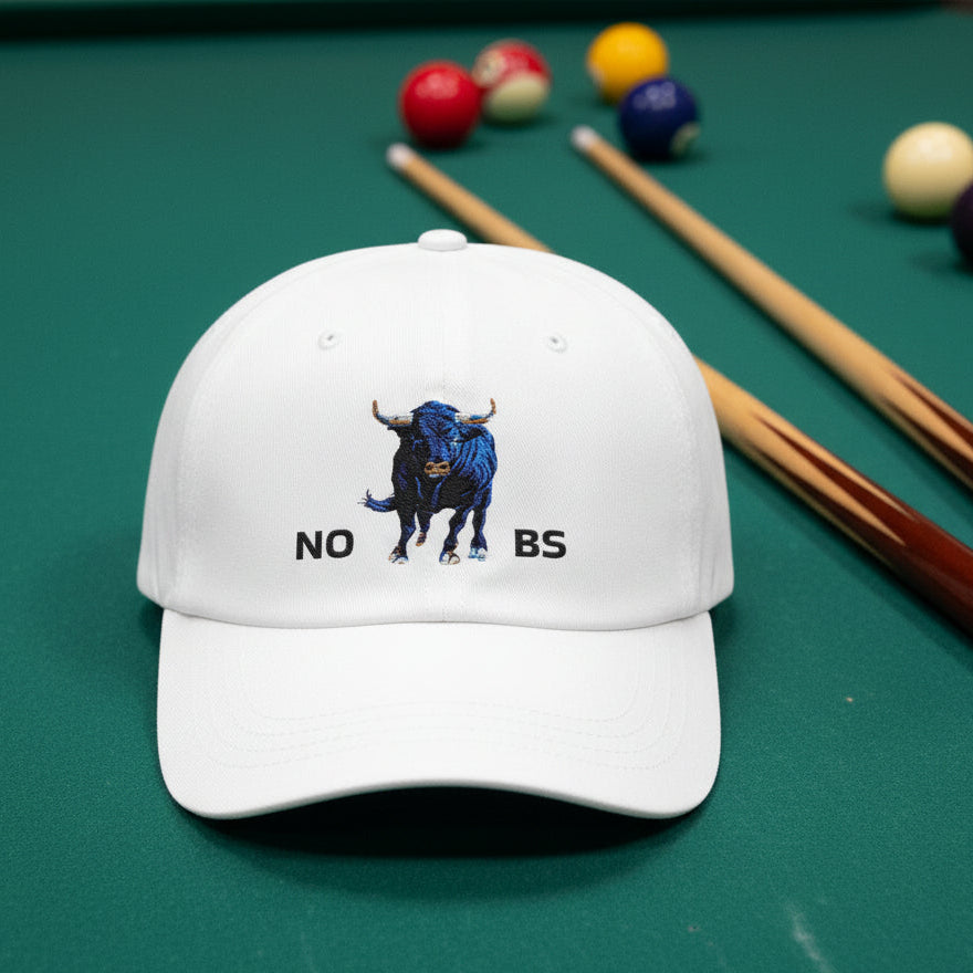 Classic Cap with charging bull painting and 'NO BS' text on a white cap