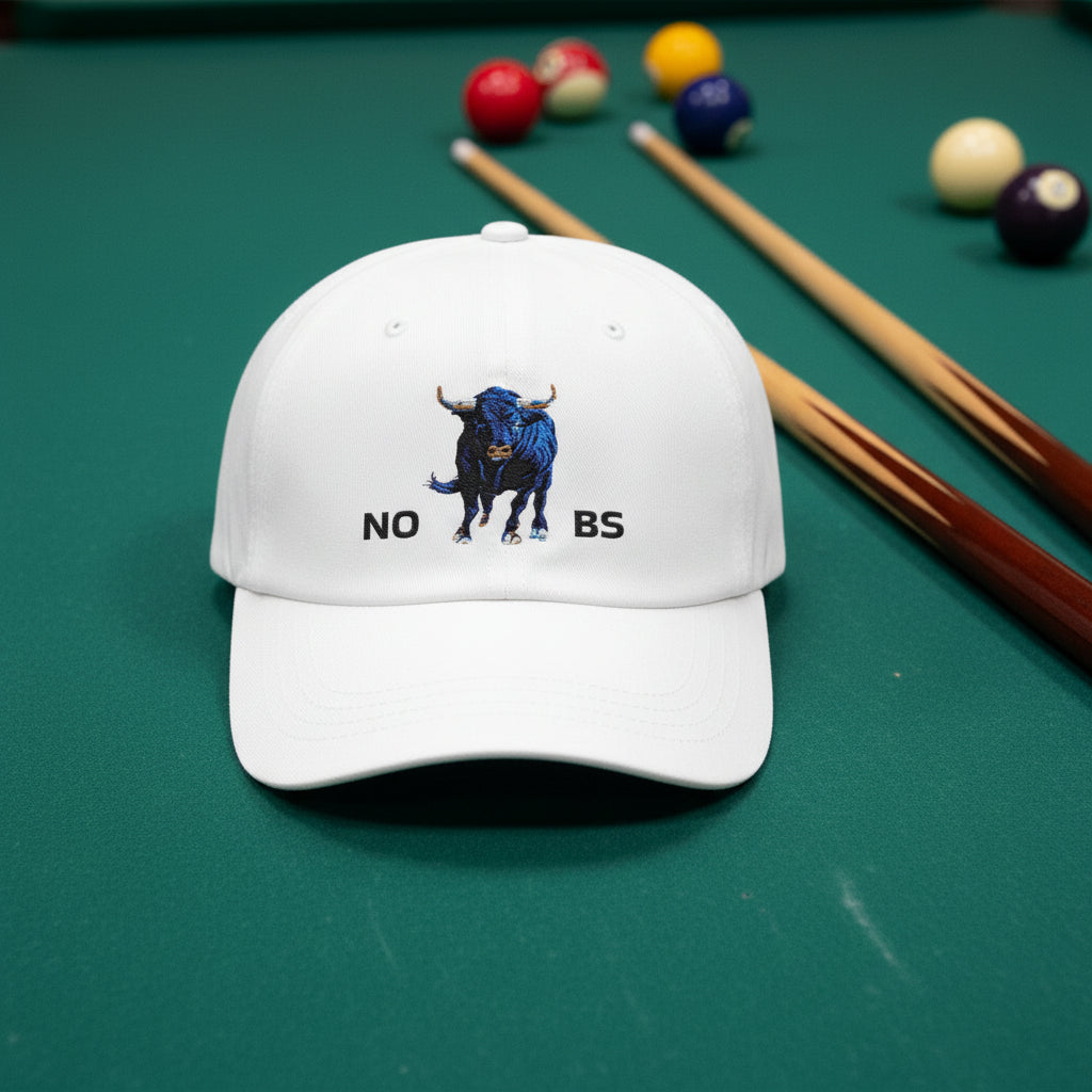 Classic Cap with charging bull painting and 'NO BS' text on a white cap