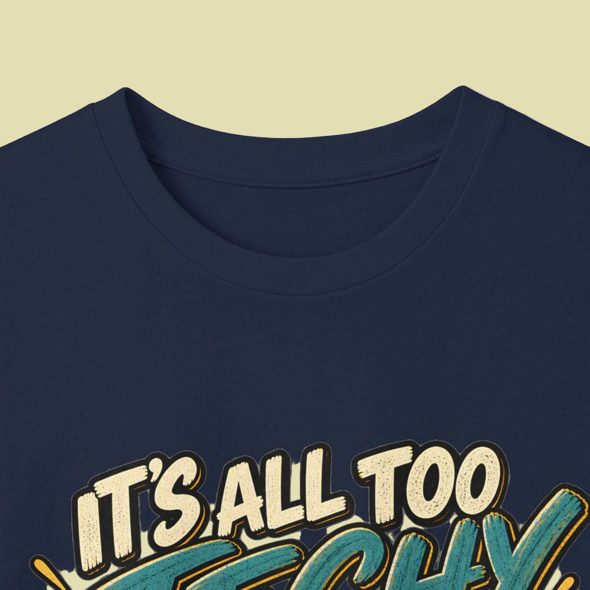 Graphic T-shirt closeup to show ribbed crew neck
