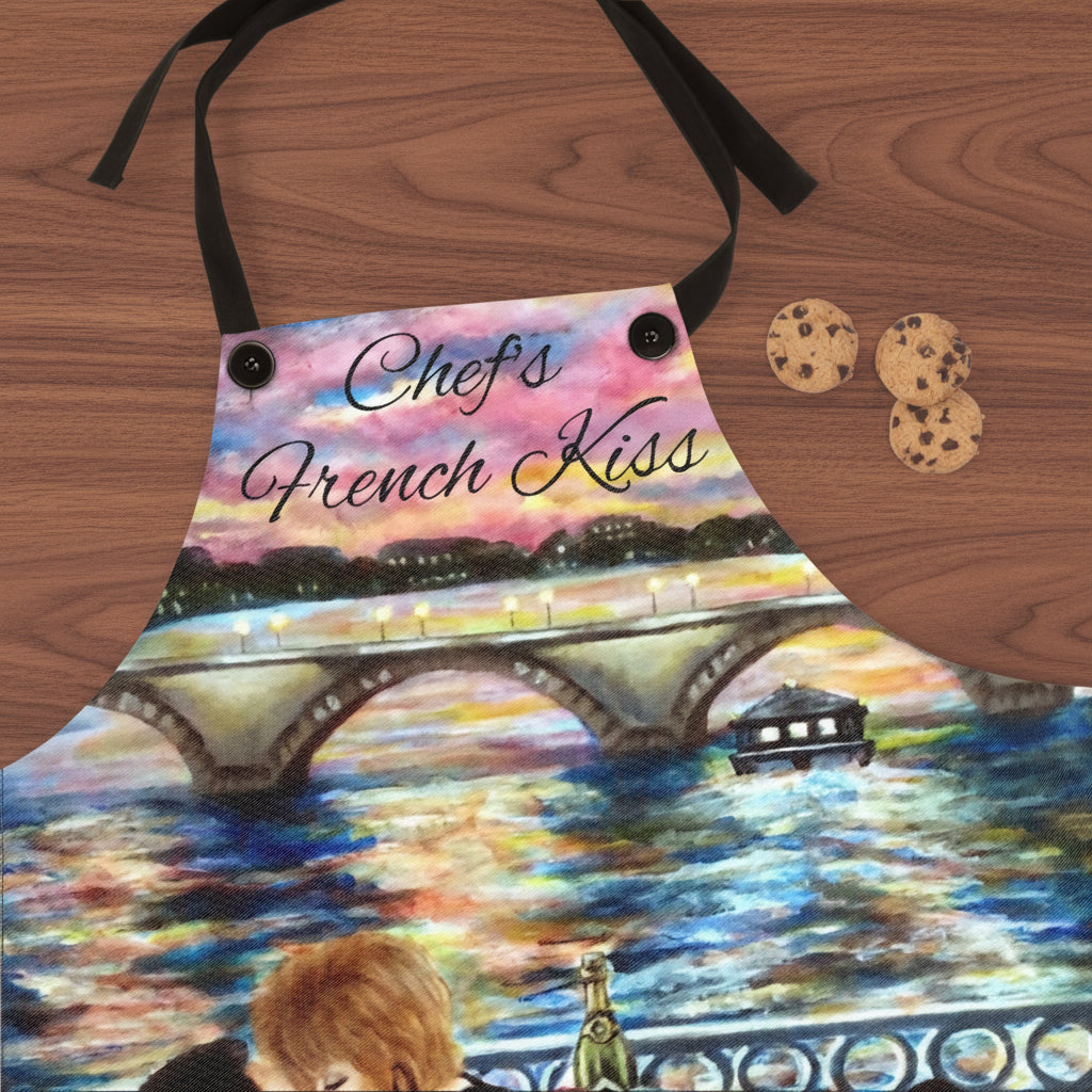 Colorful apron with a bridge design and 'Chef's French Kiss' text