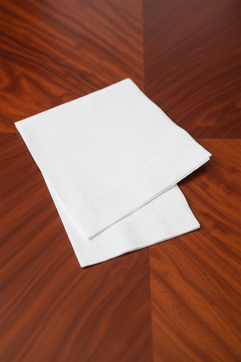 Close-up of back of premium white coin edges  textured napkins in 3 ply in two sizes