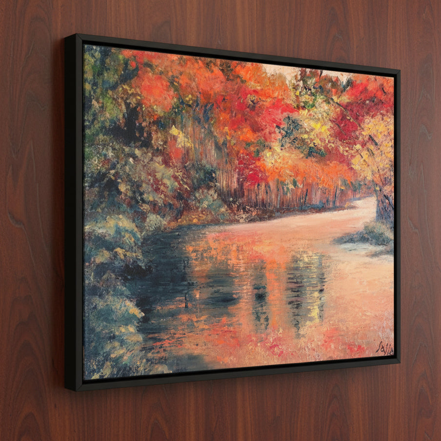 A canvas wall art print depicting an impressionistic autumn landscape with a reflective river, colorful trees in red, orange, yellow, and green, and a pale reflective river. The canvas depth is 1 1/2"