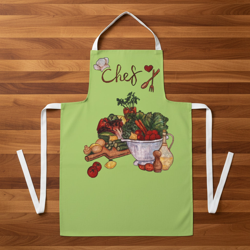 Green apron with Chef design and vegetables for those who Love to Cook 