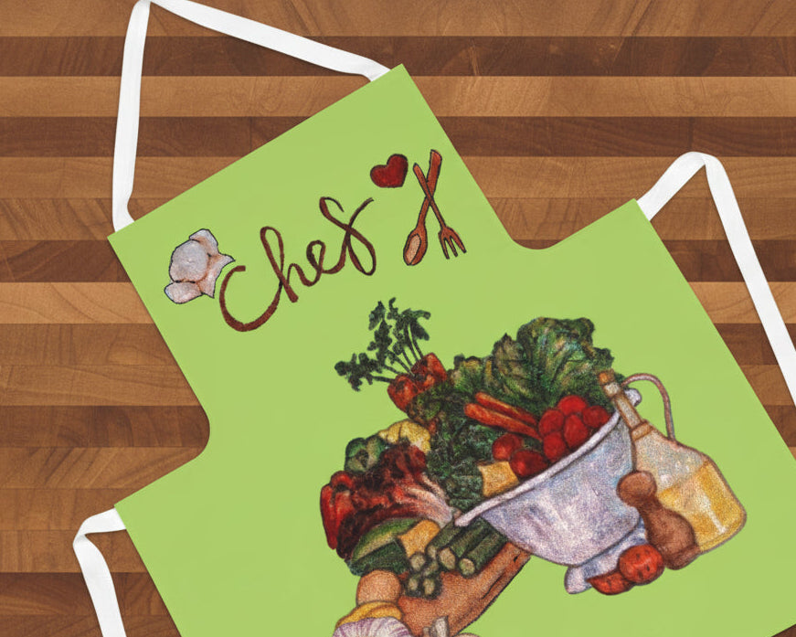 Green apron with chef design and vegetables - soft and 100% Cotton