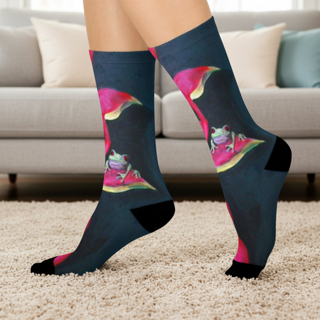 Socks with frog and Heliconia plant graphic design on stretchy, cozy material for size 5-12