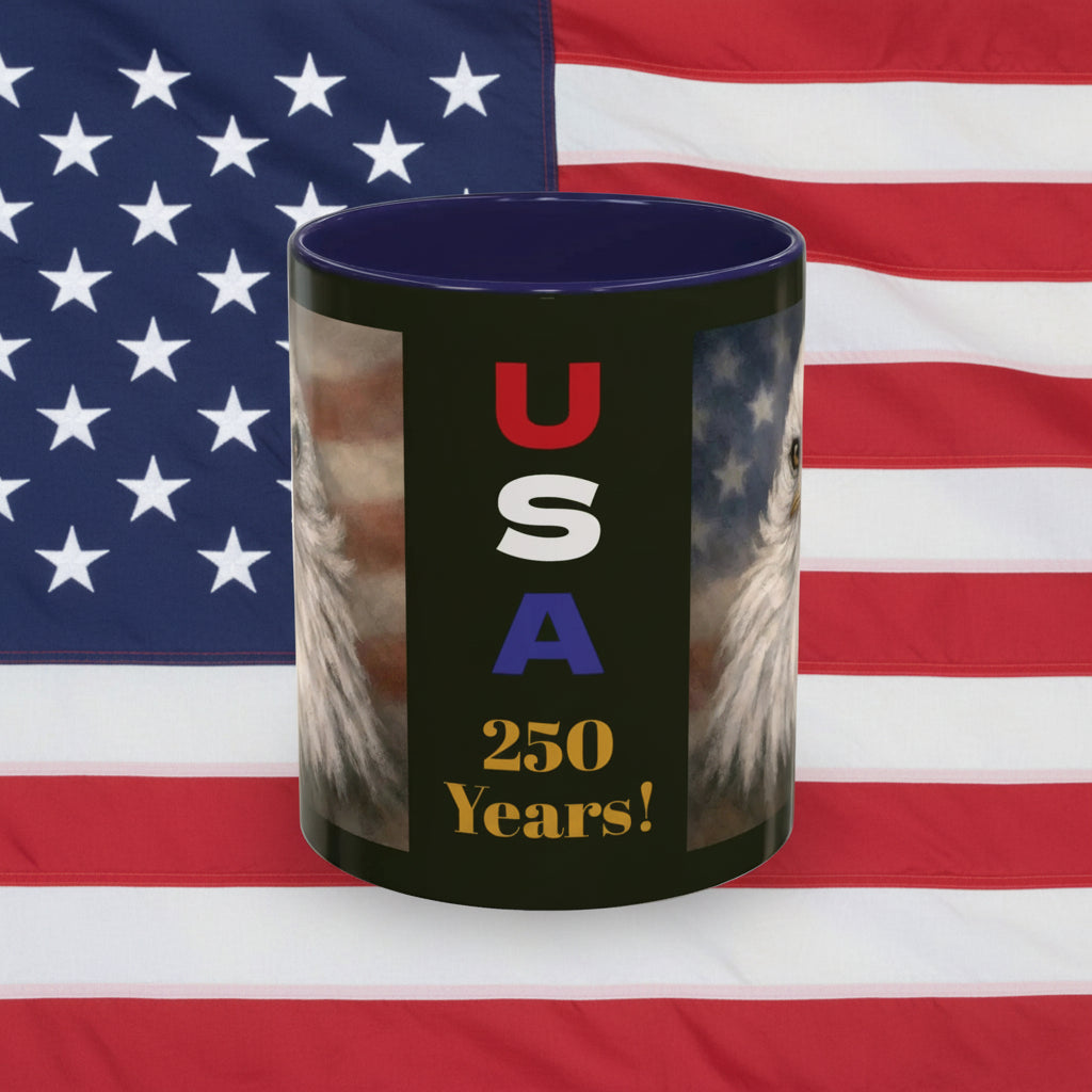 Mug with 'USA 250 Years!' text and American flag and bald eagles