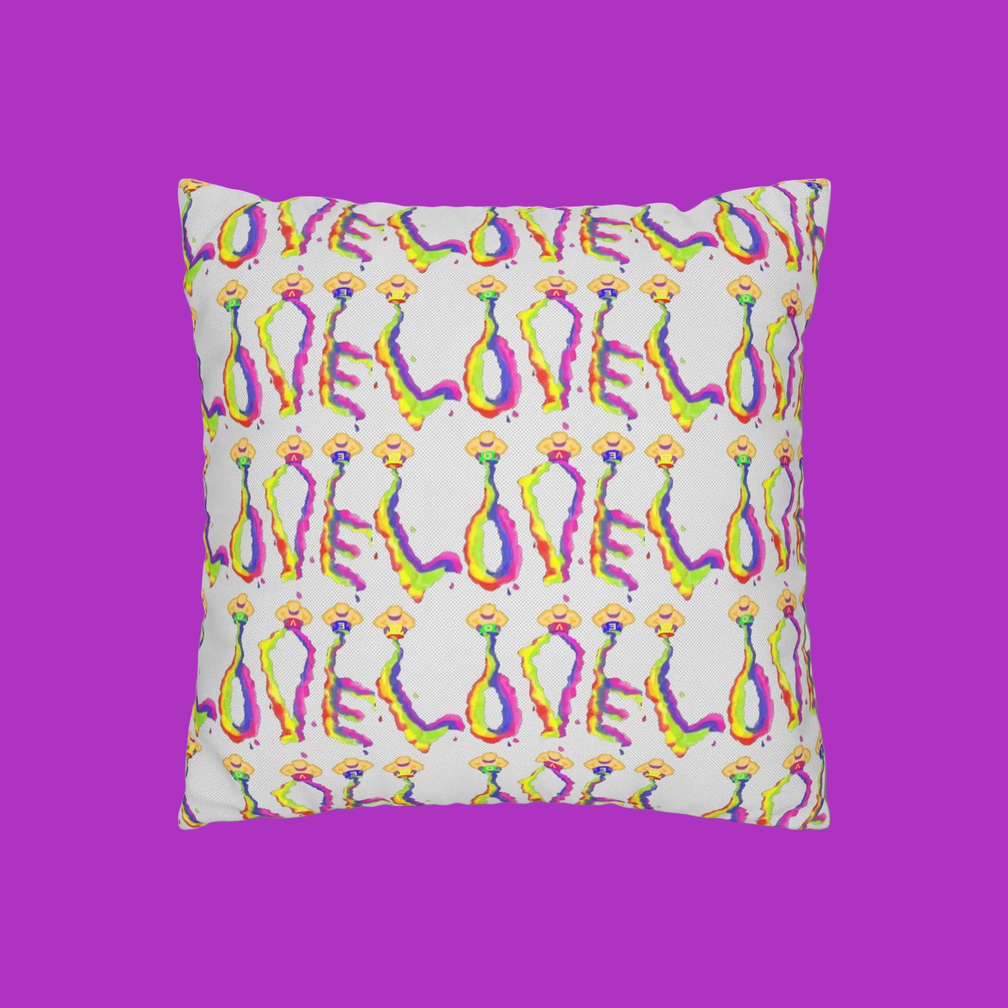 Decorative accent pillow with colorful 'LOVE' design pattern on one side 16 x 16