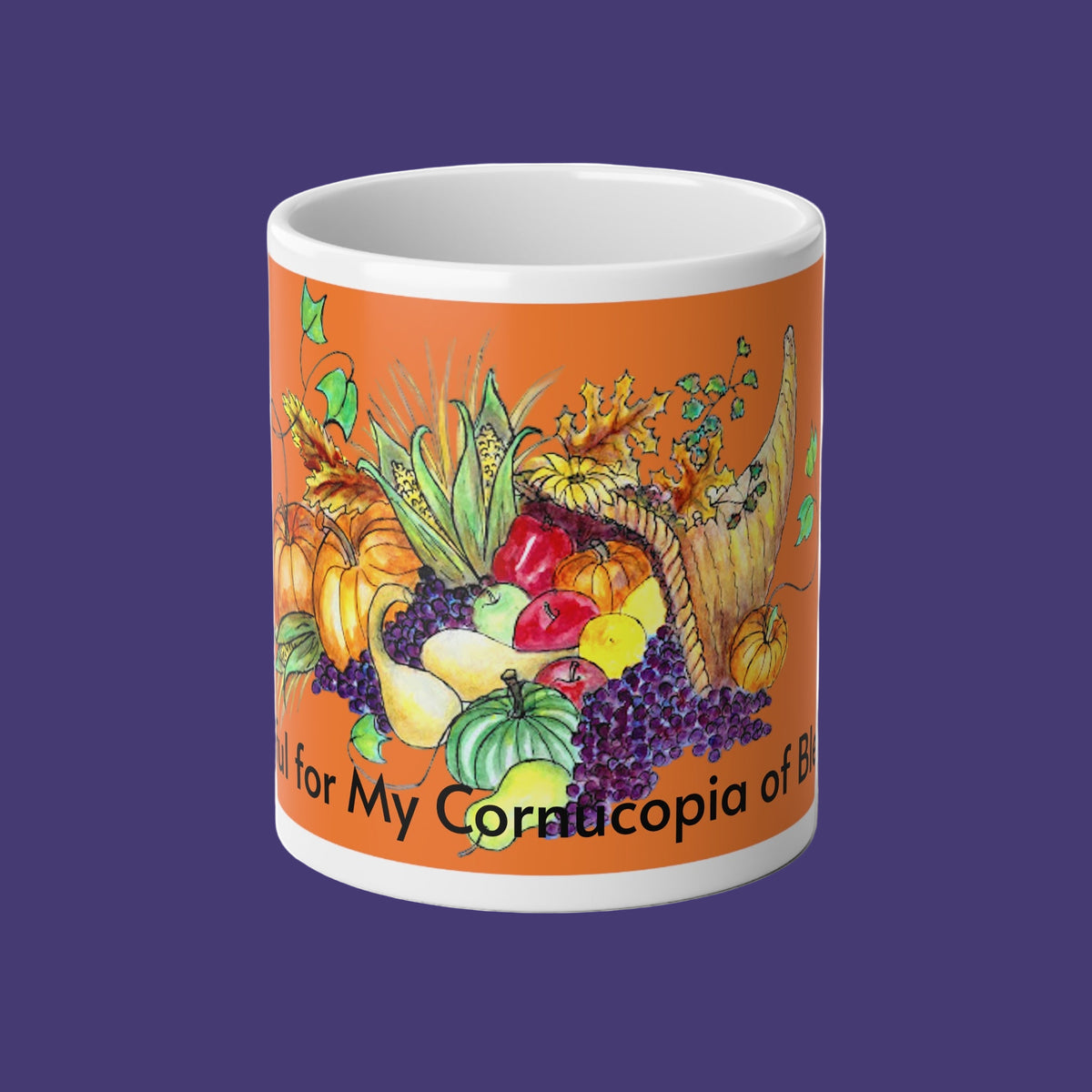 Mug with a colorful painted cornucopia and message for Autumn 20oz