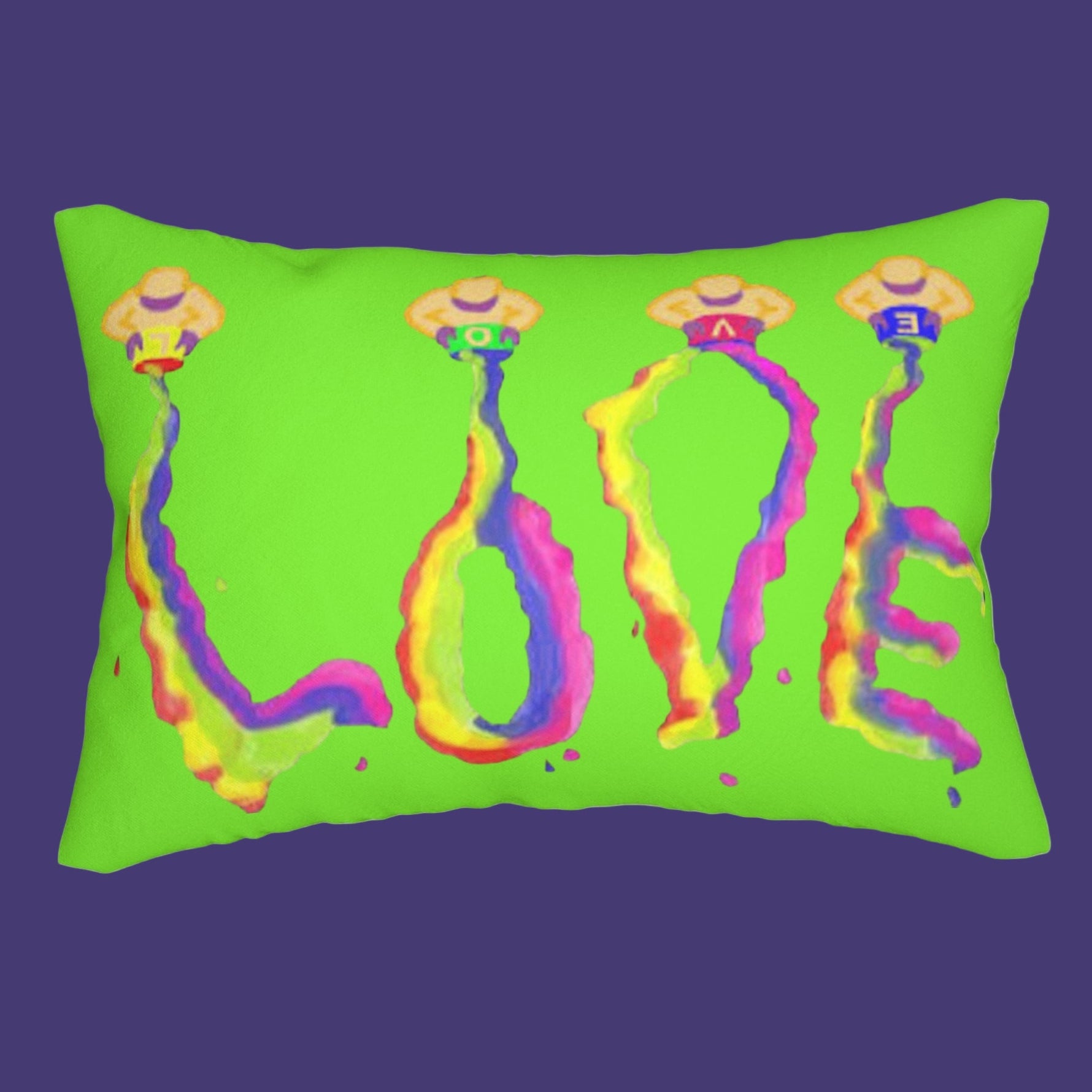 Vivid Green pillow with colorful 'LOVE' design painted by Studio Blitz