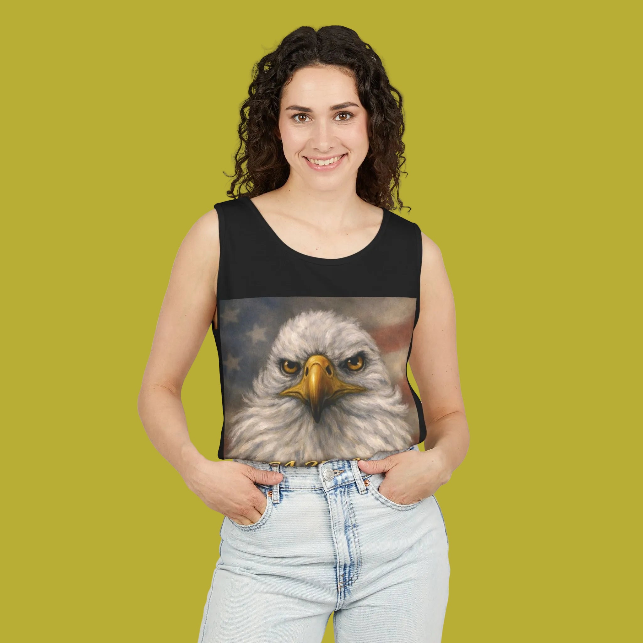 Woman wearing a black tank top with an eagle painting - S-3XL