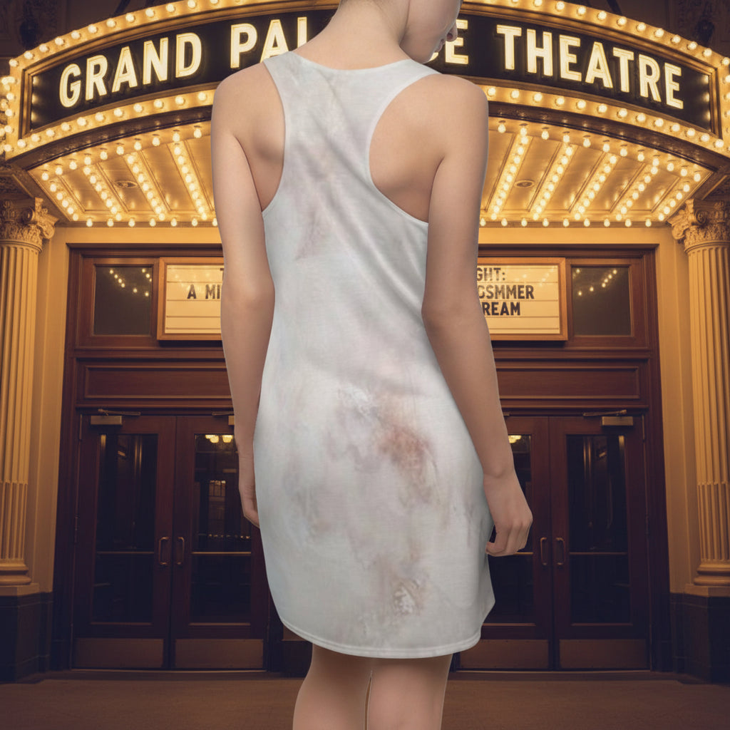 Back of sexy  Racer Back Dress in muted abstract design in 100% Polyester, machine washable, no ironing