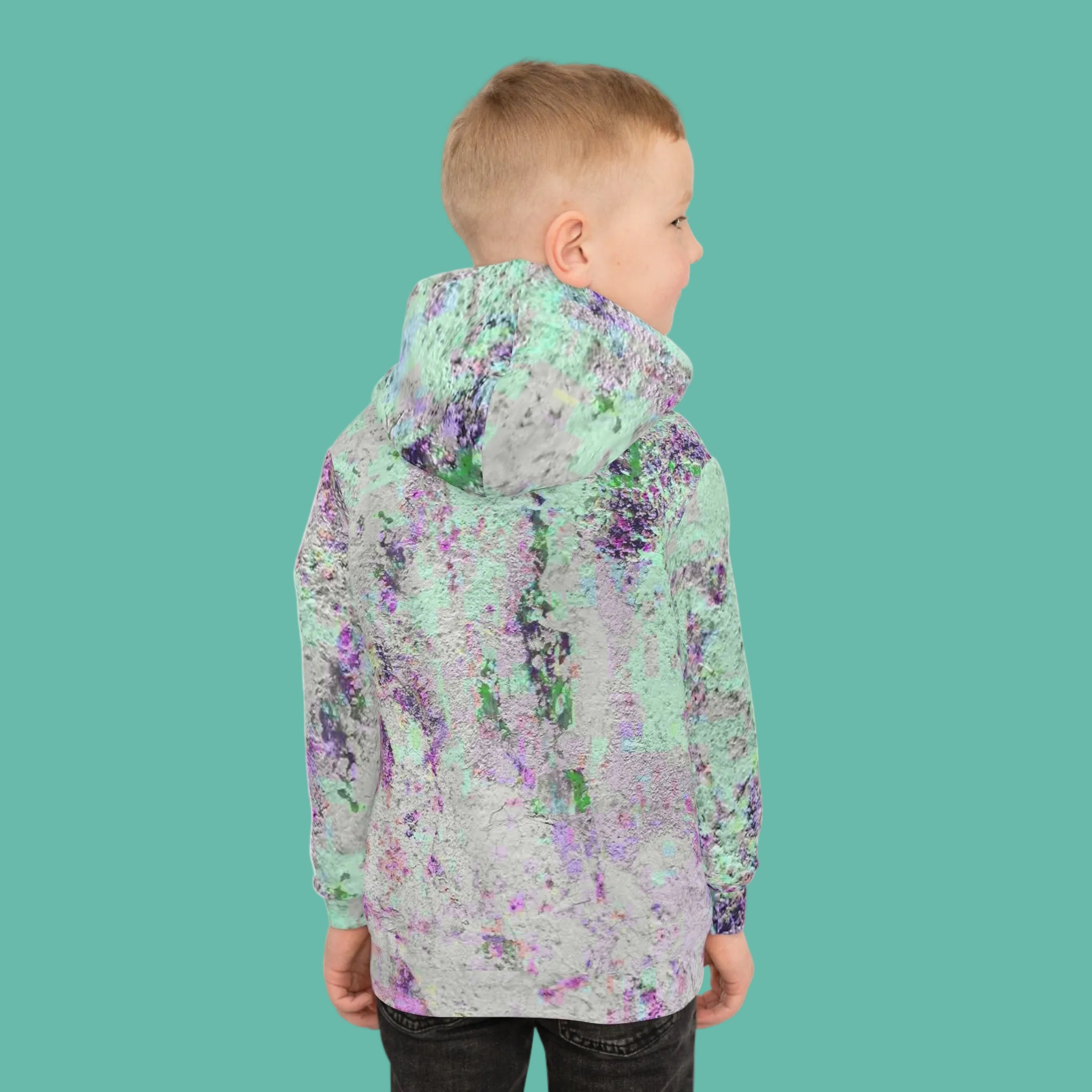 Child's colorful abstract pullover is soft and comfortable to wear all day 