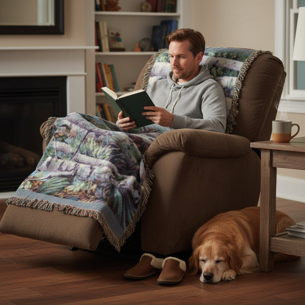 Woven blanket with nature-themed design featuring trees and branches with fringed edges