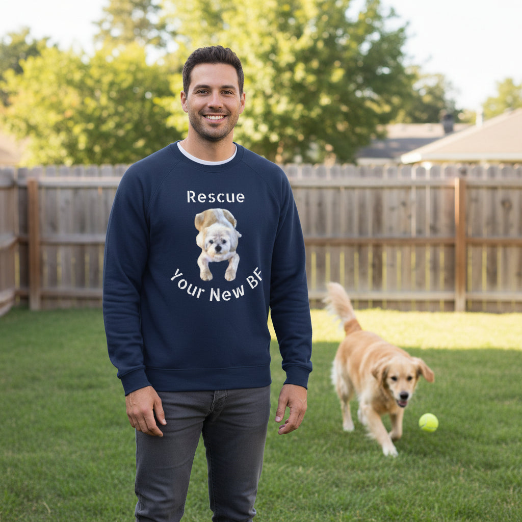 Navy blue raglan sleeve crewneck shirt with a dog graphic and text, Rescue Your New BF