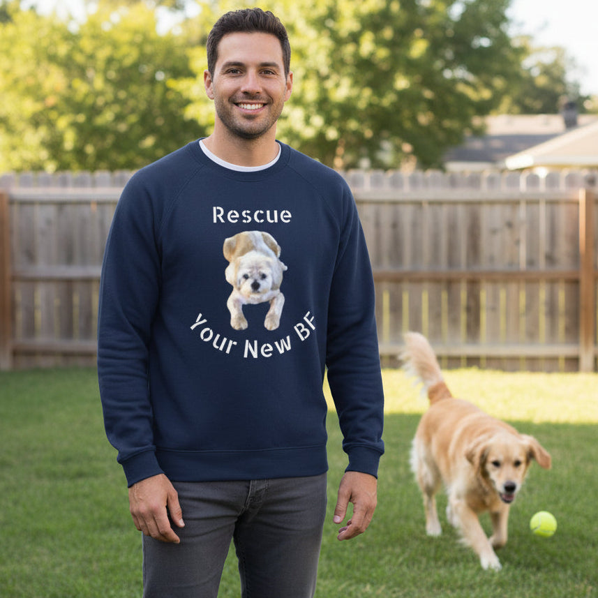 Navy blue raglan sleeve crewneck shirt with a dog graphic and text, Rescue Your New BF