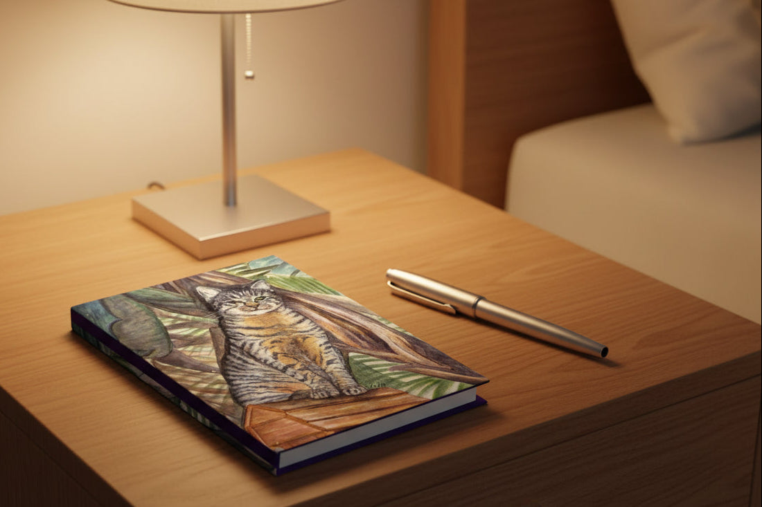 Notebook with adorable jungle tabby cat illustration 