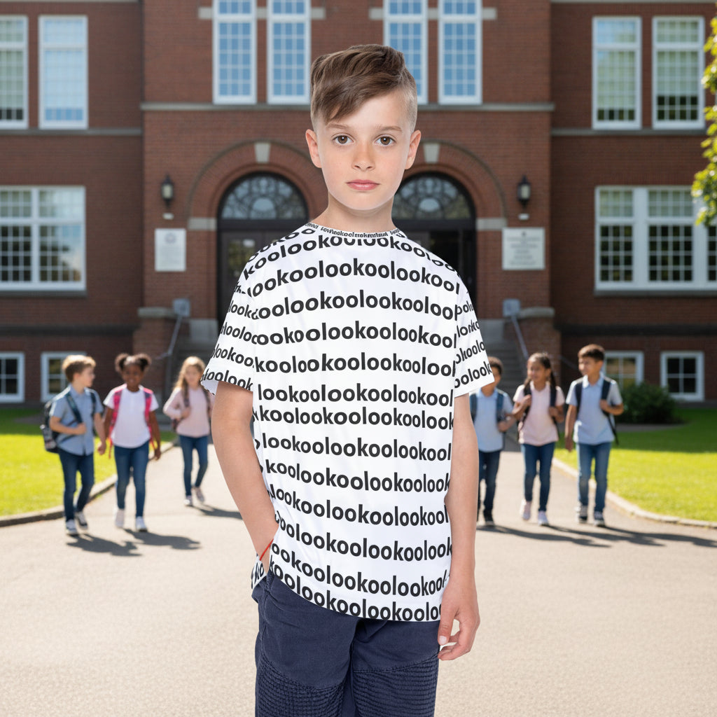 A white short-sleeve t-shirt with a black repeating 'lookoolookoolookoolooko' text pattern will get a lot of attention.