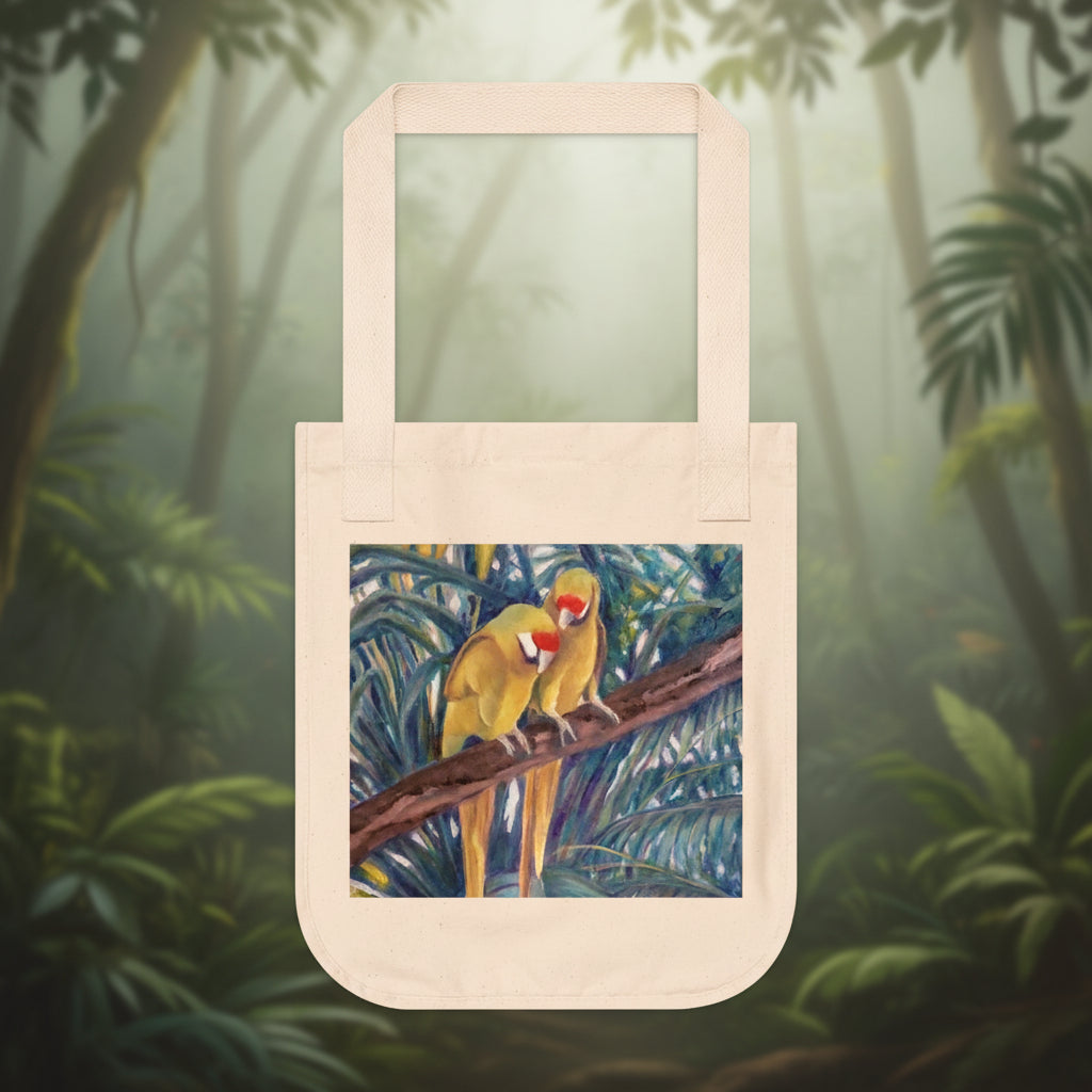 Canvas tote bag with hand painted tropical scene and parrot pair 