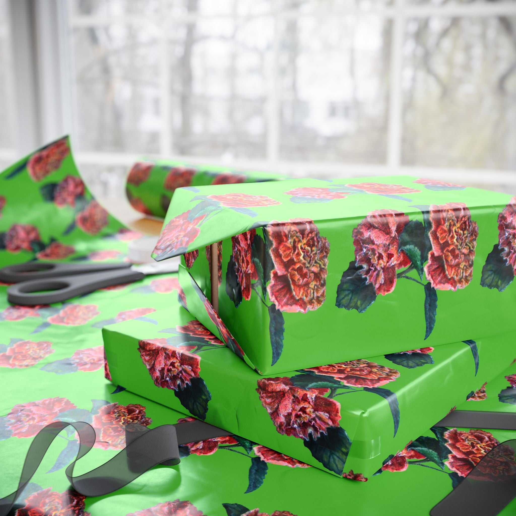 Green floral-patterned custom gift wrap in 3 sizes: 30" x 36", 30" x 72", 30" x 180" in gloss or matte finish