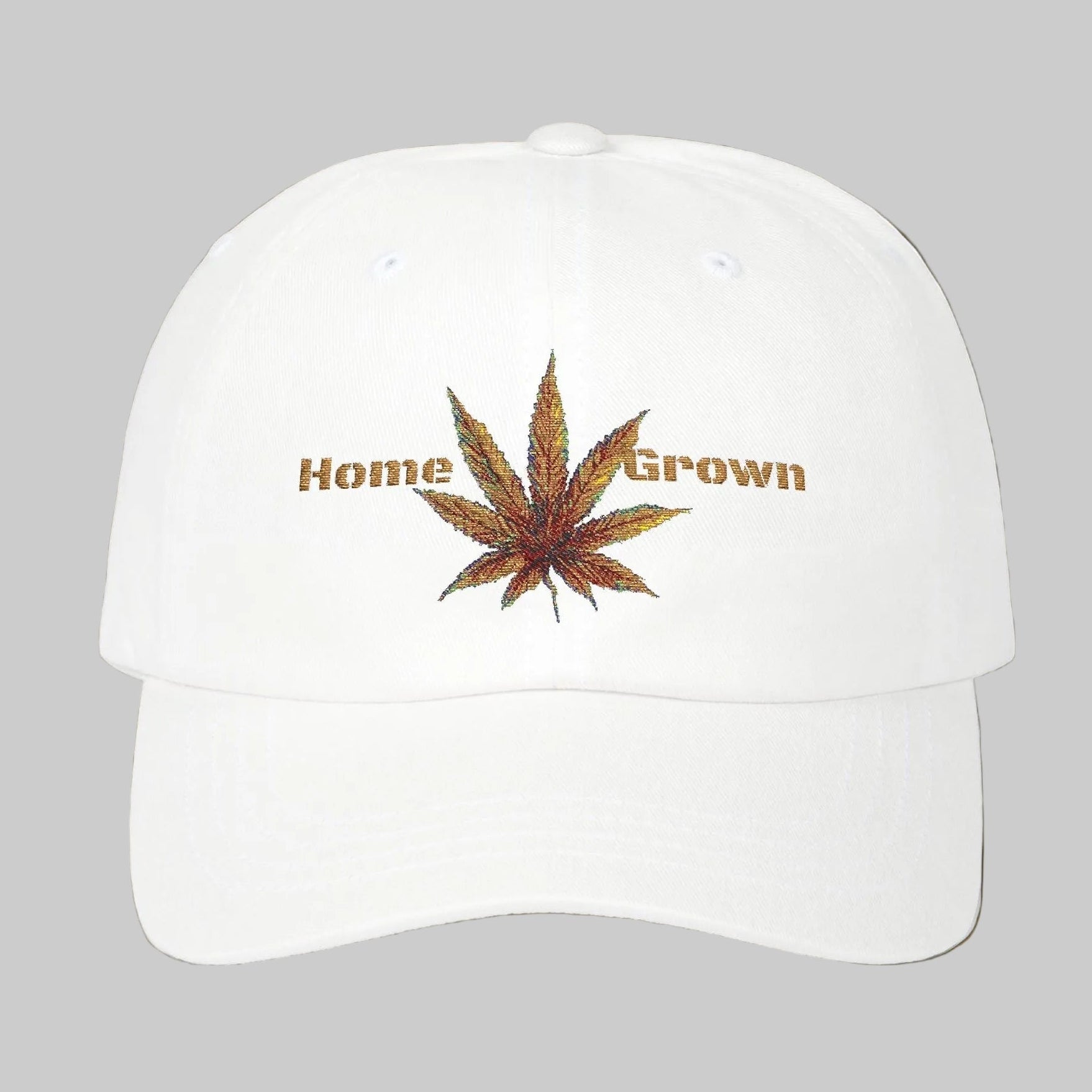 White dad's cap with a cannabis leaf and 'Home Grown' text