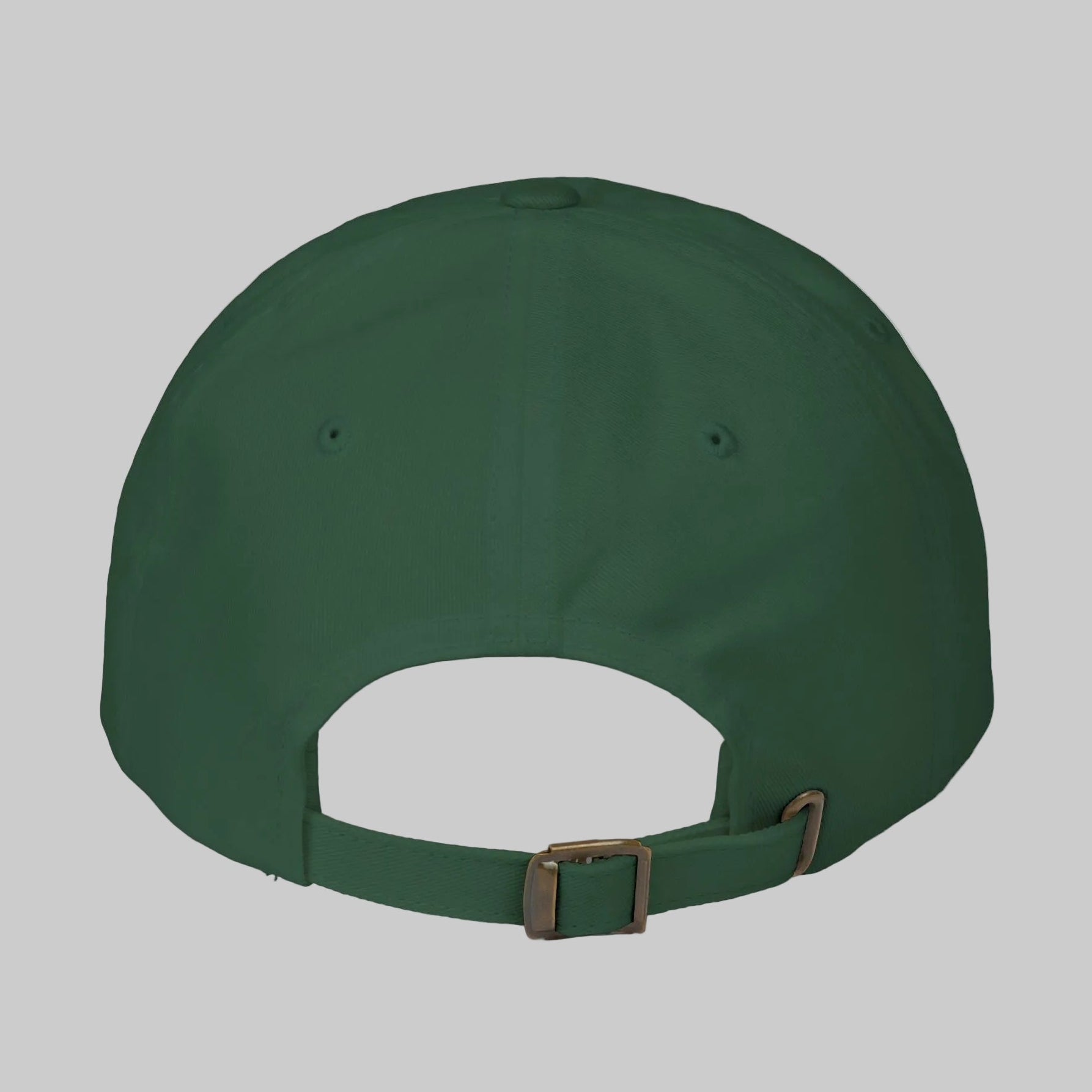 Back of green dad's cap shows adjustable strap and eyelets for breathing