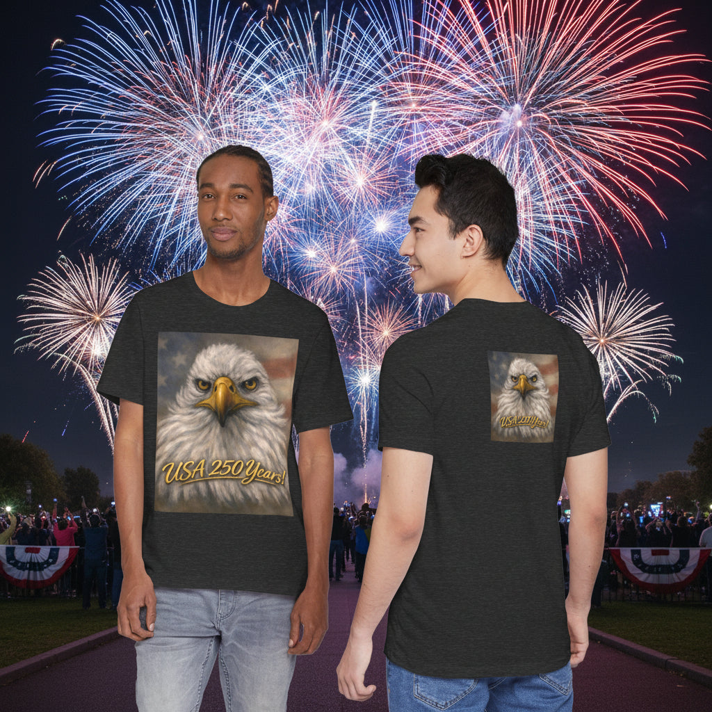 Dark Grey t-shirts with a bald eagle design and 'USA 250 Years' text