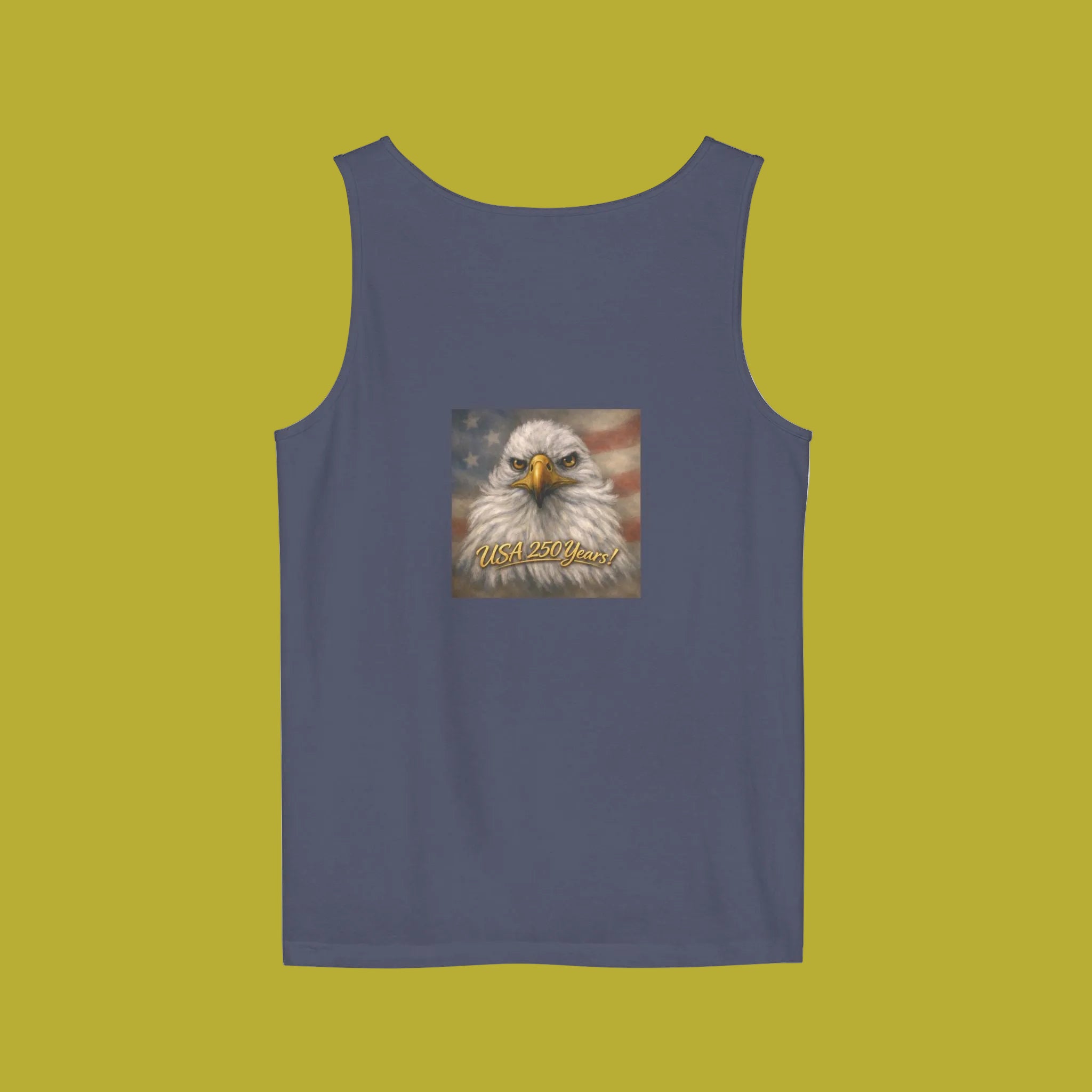 Denim blue tank top with an eagle painting on the BACK