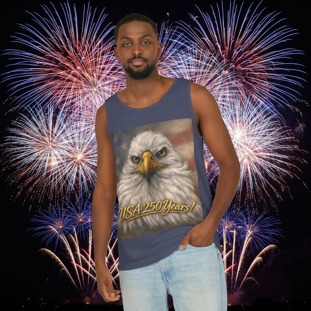 Wear this denim color tank top with America's bald eagle design and 'USA 250 Years!' for this summer's outings.