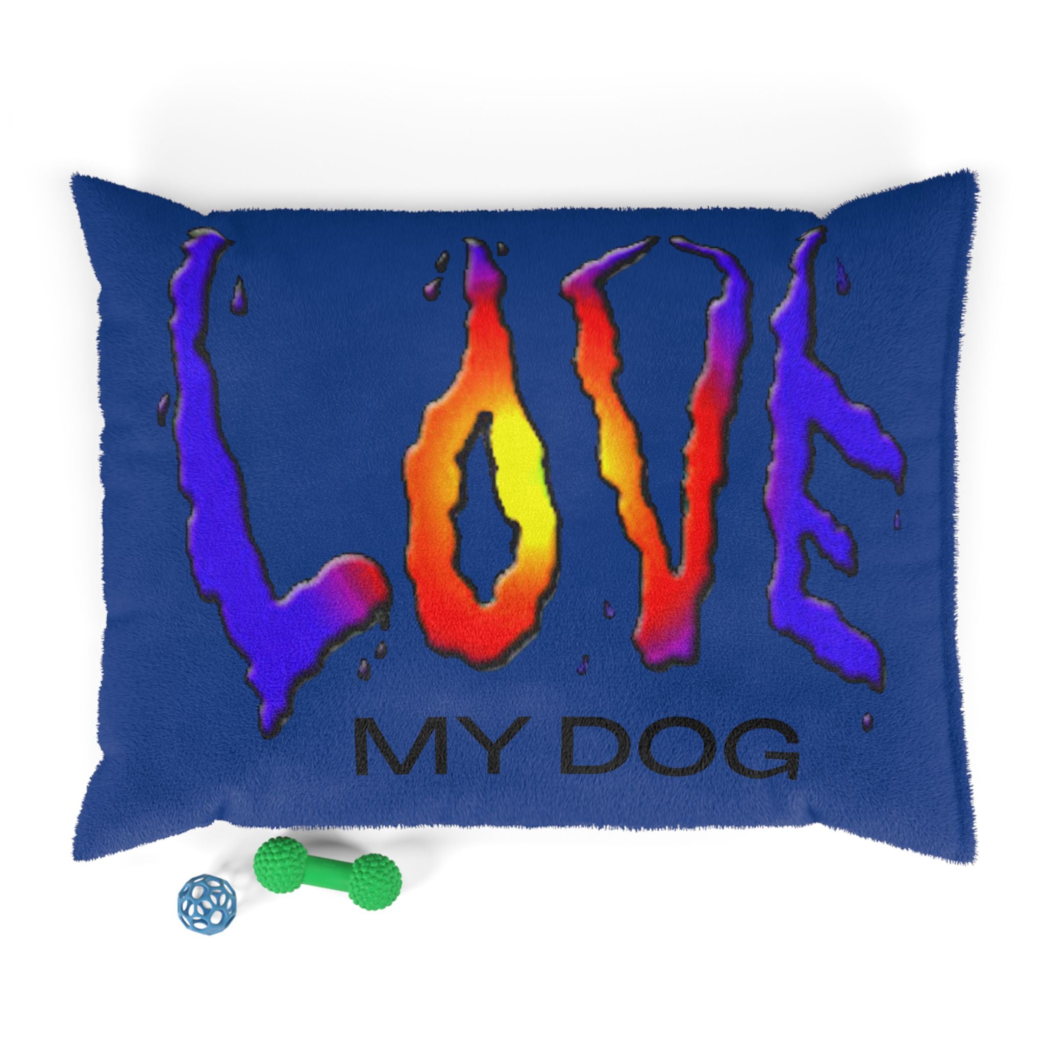 Blue pillow with colorful 'LOVE MY DOG' text on a white background