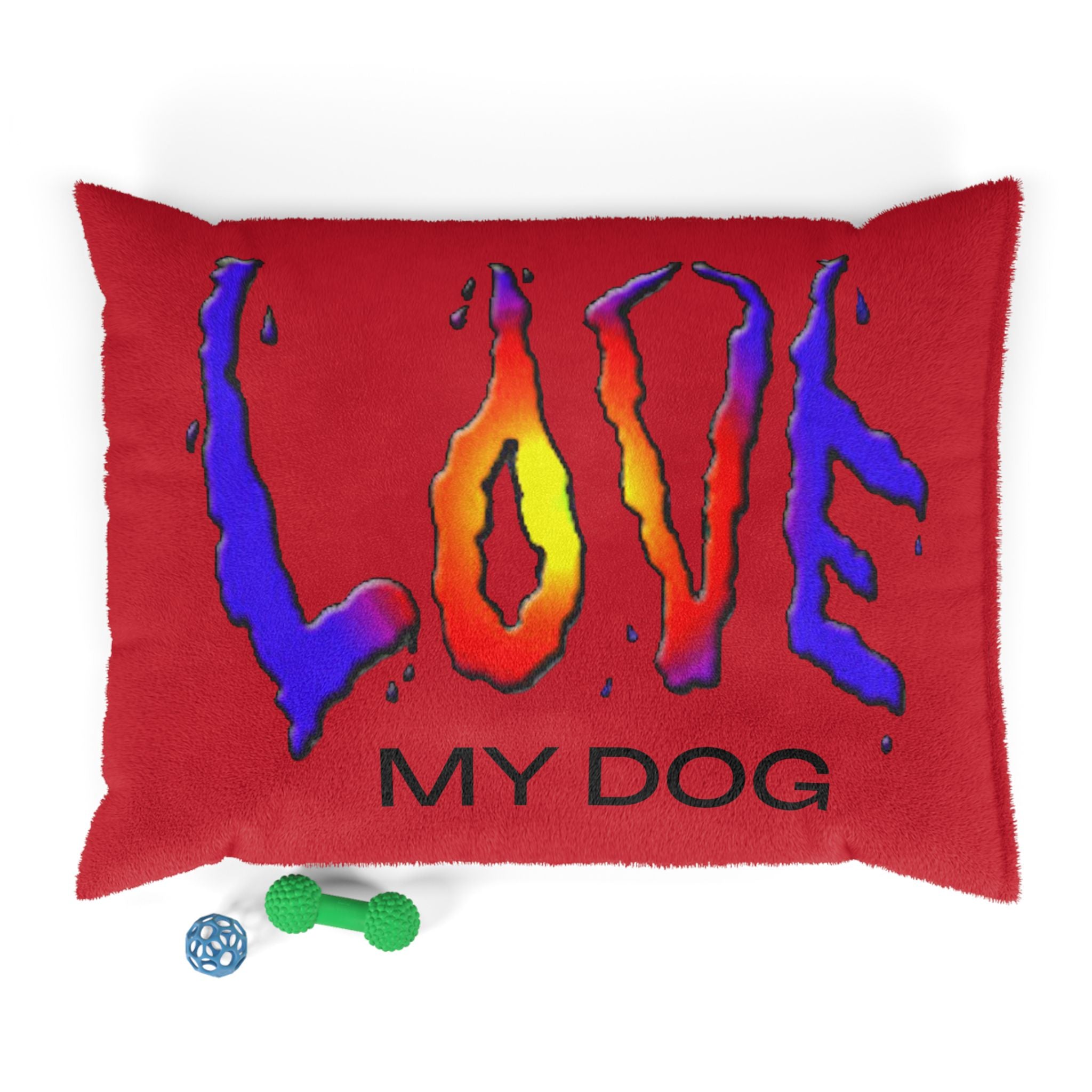 Red pillow with colorful 'LOVE MY DOG' text on a white background