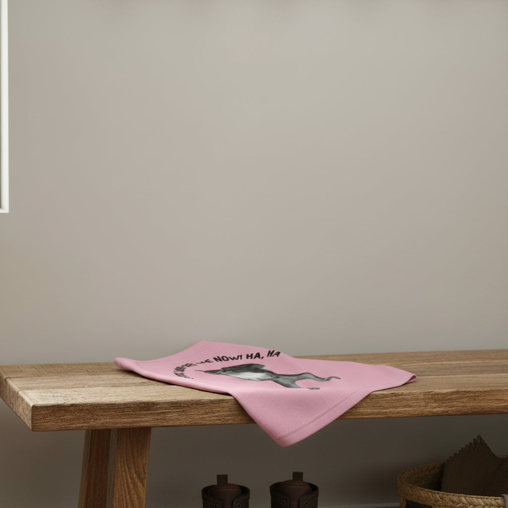 Pink dog tank with a squirrel graphic and text on a mud room bench