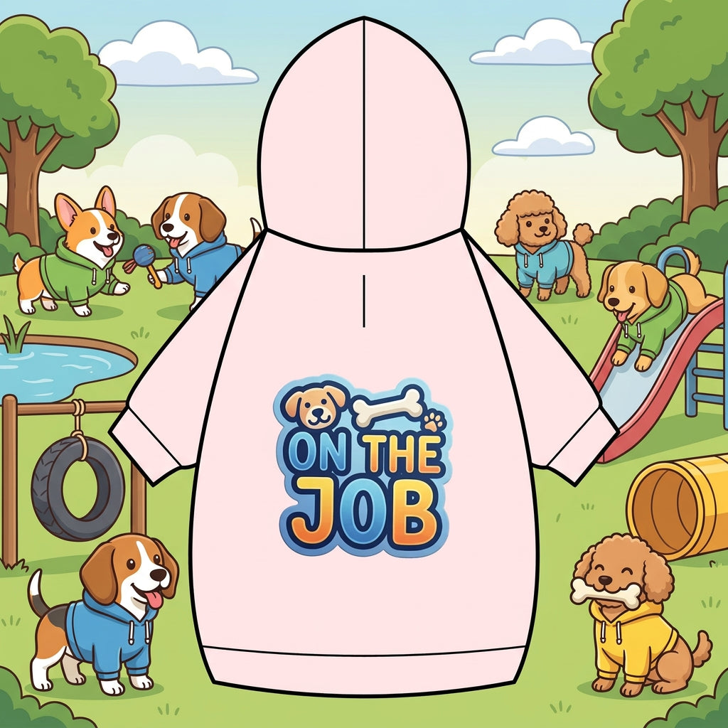 A light pink hoodie shown from the back, featuring a colorful graphic print on the center with a cartoon dog head, a bone, and the text 'ON THE JOB' in blue and orange.