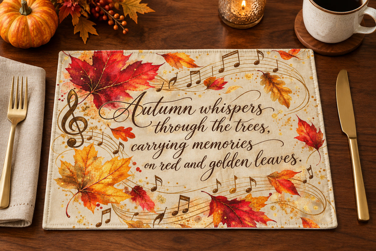 An autumn-themed decorative placemat featuring the quote 'Autumn whispers through the trees, carrying memories on red and golden leaves' in brown cursive script, surrounded by red, orange, and yellow maple leaves, musical notes, and staff lines on a warm beige background.