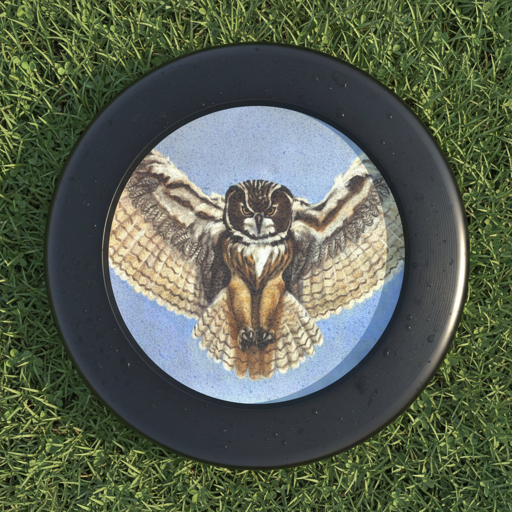 Black frisbee with a painted flying owl makes a super gift for the outdoor minded