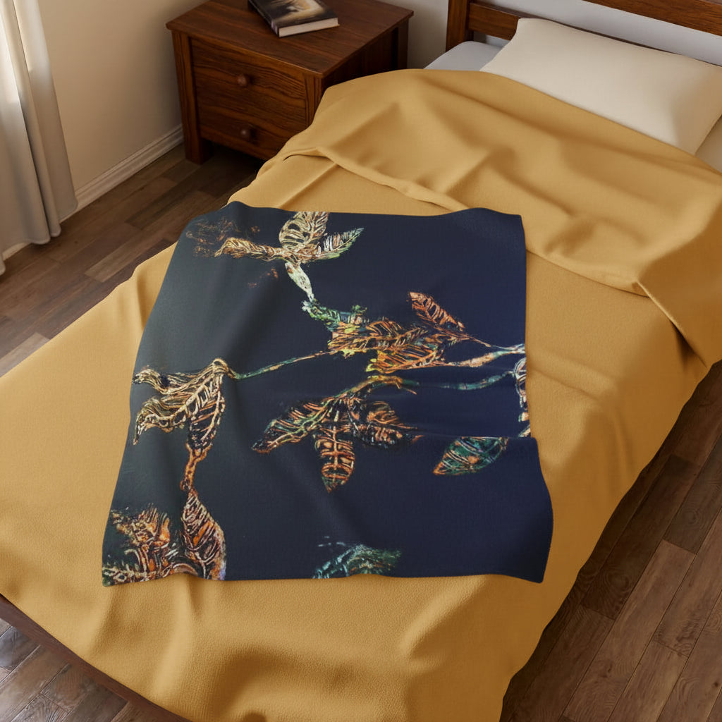 Decorative throw blanket in black and gold abstract leaf design