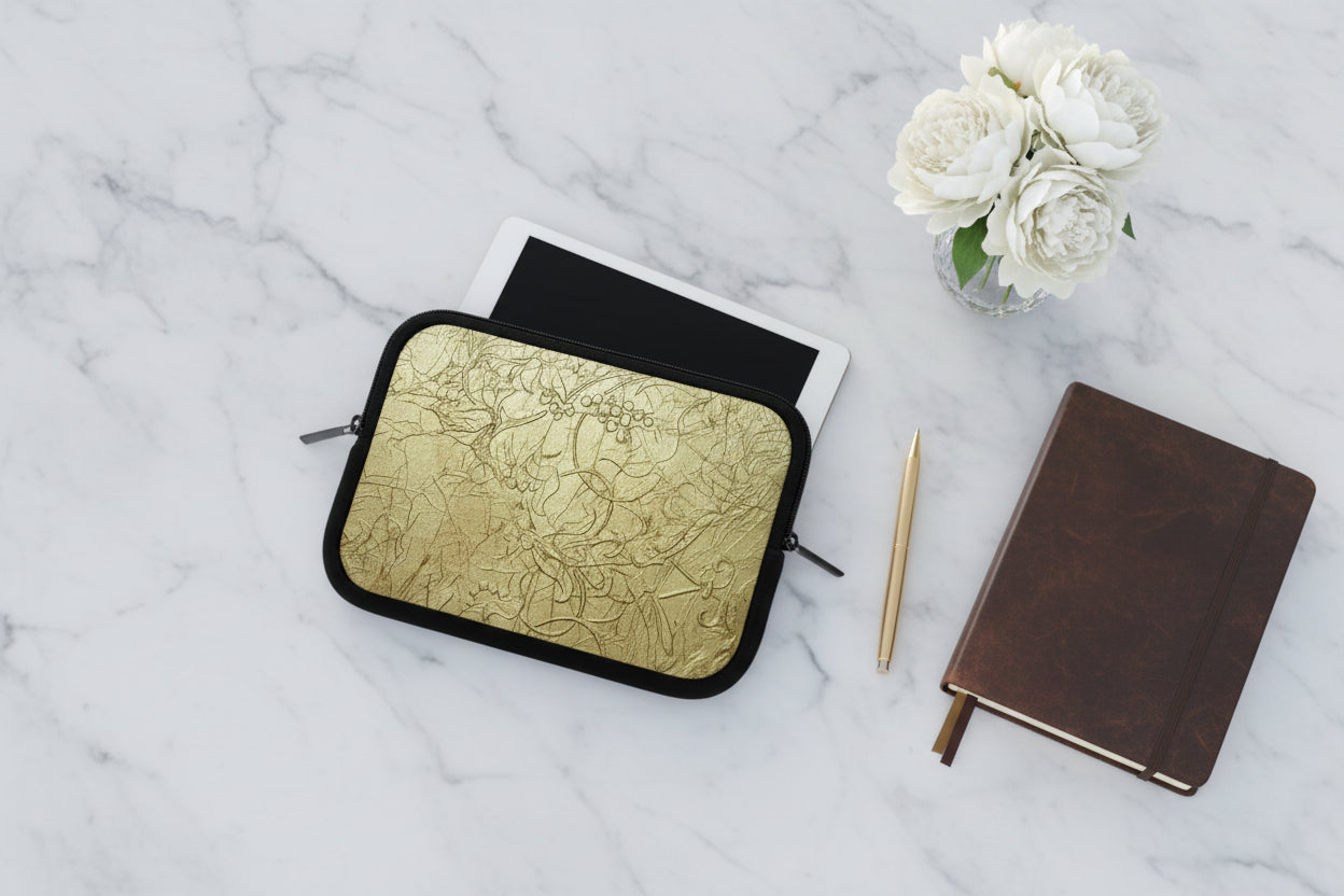 Gold Embossed themed tablet case on a wooden surface with pencils and erasers.