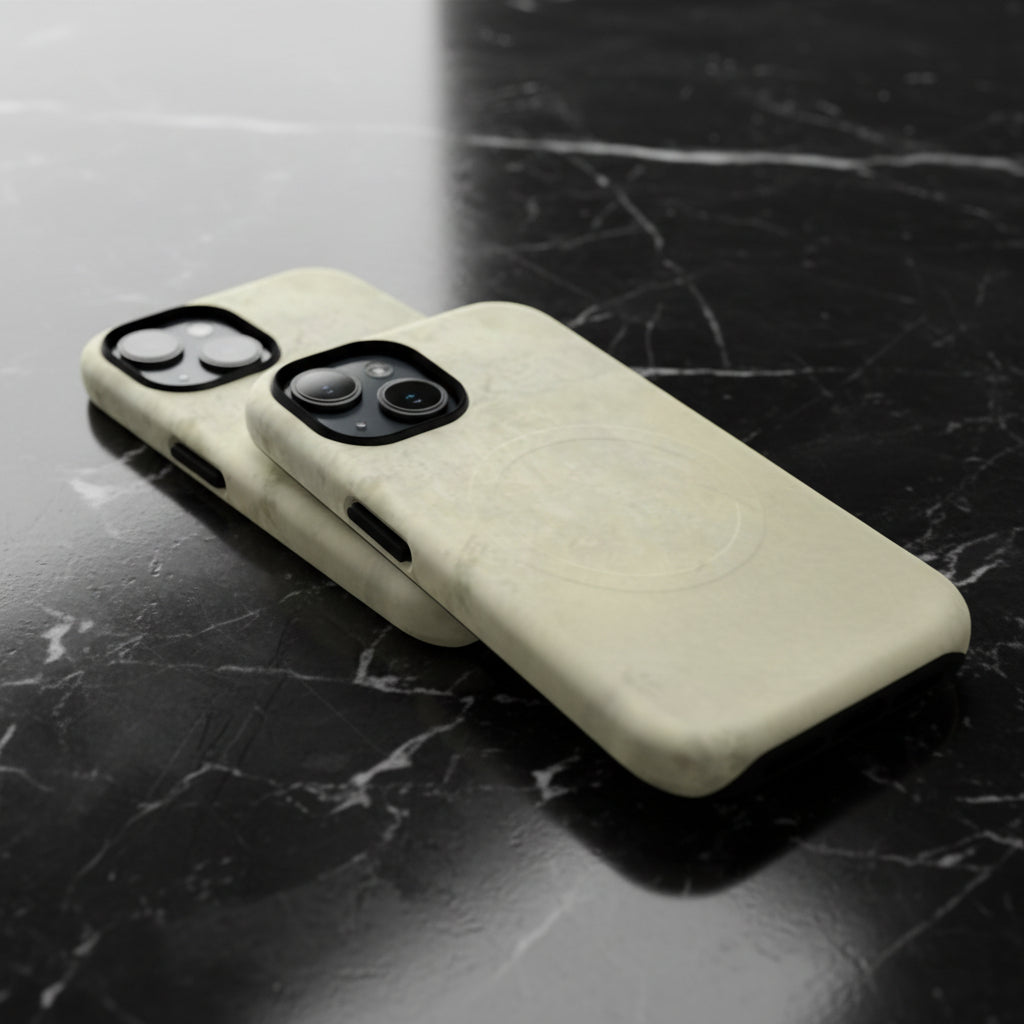 Close-up of an iphone case with a textured vintage silvery cream surface