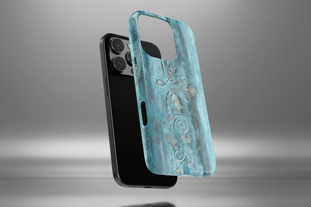 Phone Case in Elegant Teals with Decorative Scroll Design in 3D Wrap and Impact Resistant Toughness