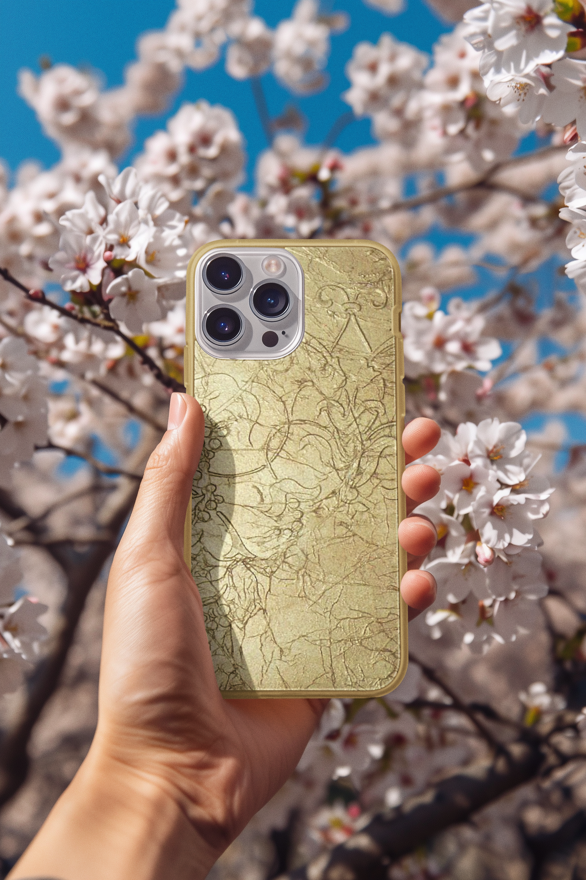 Hand holding a gold phone case with gold scroll design against a cherry blossom background