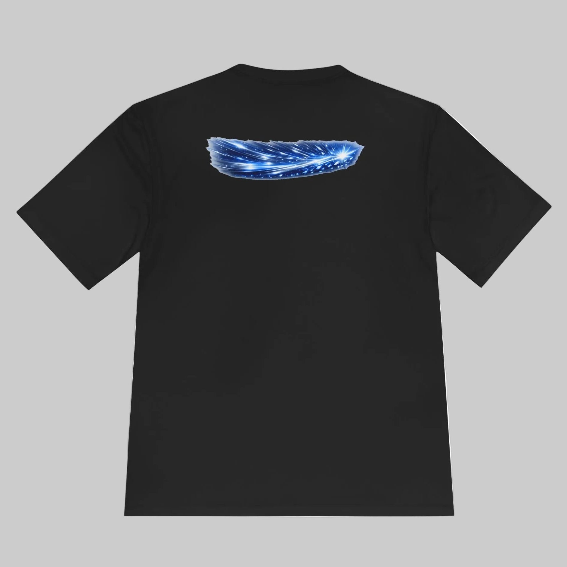 Black t-shirt with a blue motivating, explosive graphic on the back 