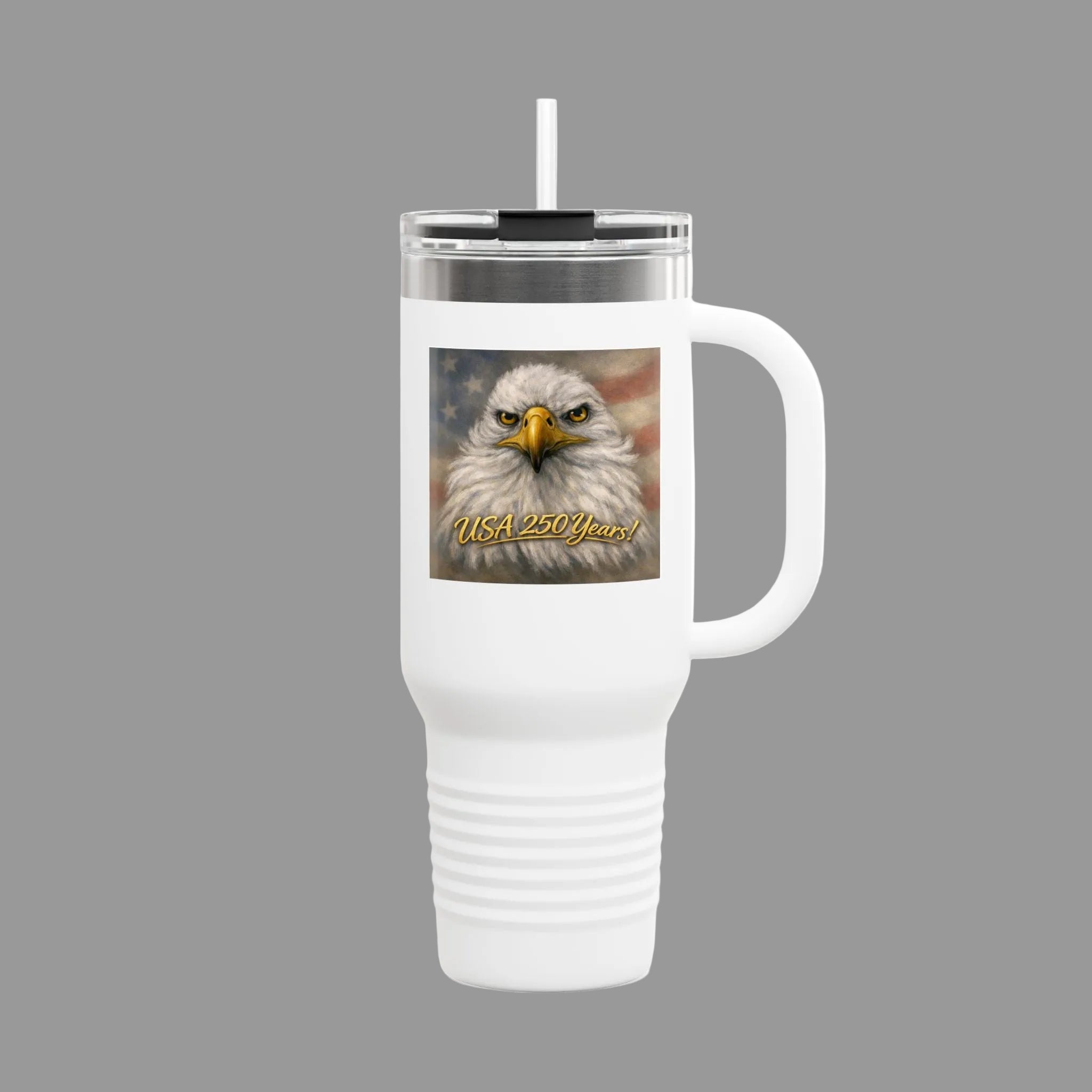 White travel mug with a design of an eagle and 'USA 250 Years!'